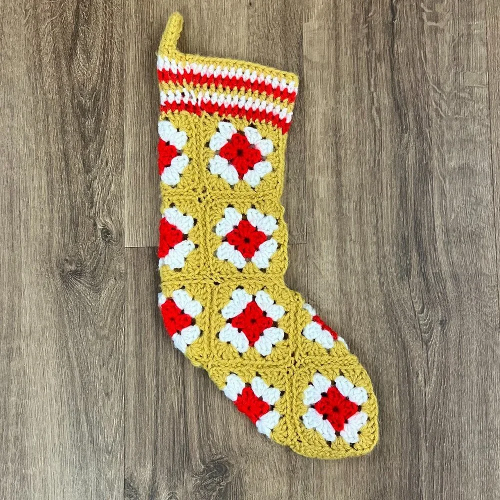 Vintage Boho Handmade Crochet Granny Square Stocking 70s - Picture 1 of 8